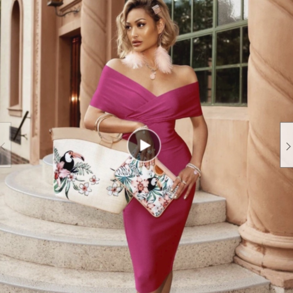 NEW OFF THE SHOULDER BARDOT BANDAGE DRESS MARGOT ROBBIE NAOMI DRESS MAGENTA PINK